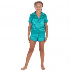 15C665: Girls Satin Shortie Pyjama- Teal (9-13 Years)